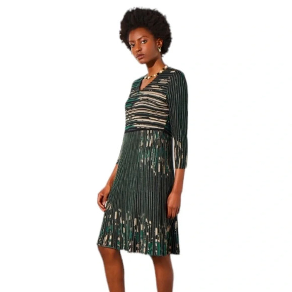 NWT Ming Wang Green and Black V-Neck Patterned Ribbed Soft Knit Dress L - Picture 6 of 13